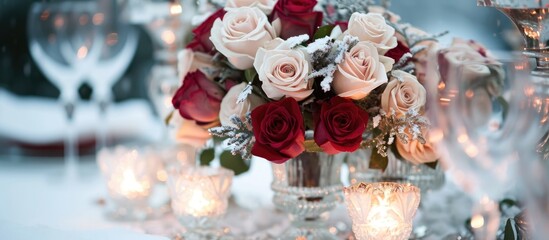 Sticker - A lovely display of roses and a winter-themed table decorate a wedding reception.