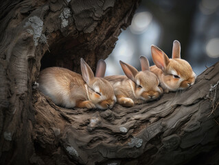 group of rabbits sitting on a tree trunk in the forest, close-up