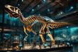 Exhibition of archaeological excavations of a dinosaur skeleton in a dark hall. Background with selective focus