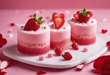 Valentine's Day Cylindrical Mousse Red Cakes Small Sprinkled Baking Dessert Two Jelly Decorated Pieces Strawberries Shape Cute Strawberry Hearts Delicate Freezedried