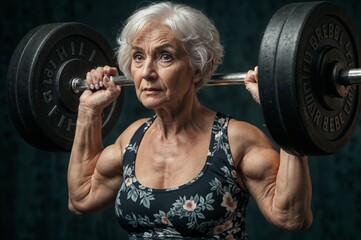 Canvas Print - An old woman is training in the gym. Background with selective focus and copy space