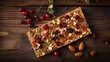 Healthy crispbread with raisins, almonds and cranberries on a wooden background Generative AI