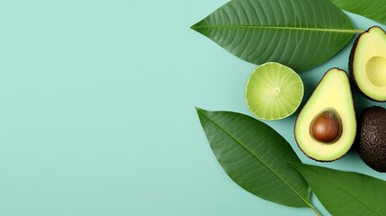 Wall Mural - Avocado and lime on green background with copy space for text.