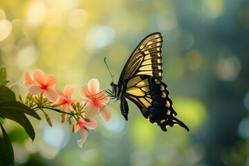 Wall Mural - Butterfly on blooming spring bushes. Backdrop with selective focus and copy space