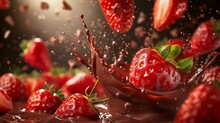 Bright Red Strawberries Falling Onto Rich Chocolate Cream