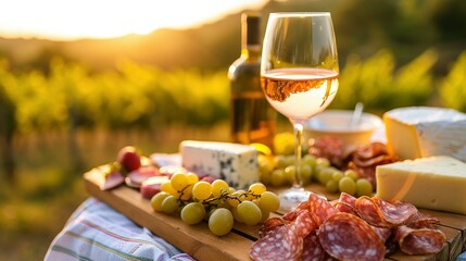 Wall Mural - Picnic with white wine served outside with cheese and charcuterie, sunset light