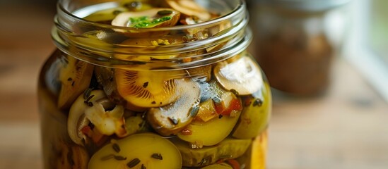 Wall Mural - Delicious Olive Pickled Green Mustard Mushroom Medley: A Savory Delight with Olive, Pickled, Green, Mustard, Mushroom Flavors