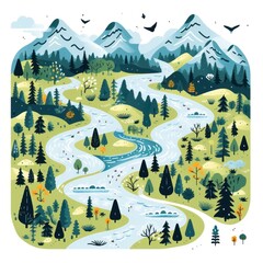 Forest landscape with river, mountains and forest. illustration in flat style Generative AI