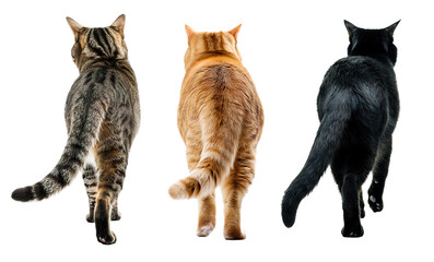 Back view of tabby, orange and black cat over isolated transparent background