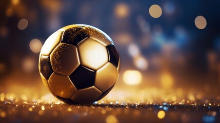 Wall Mural - A textured golden soccer ball gleams against a sparkling bokeh background, evoking excitement and luxury in sports.