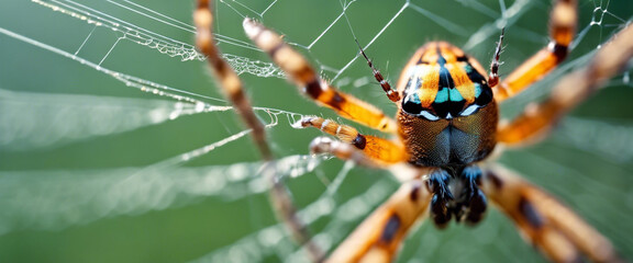a detailed macro shot of a spider weaving an intricate web, focusing on the precision and symmetry of the silk threads.