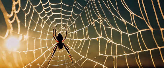 a detailed macro shot of a spider weaving an intricate web, focusing on the precision and symmetry of the silk threads.