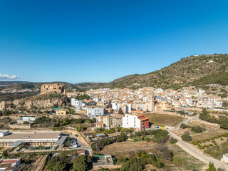 Wall Mural - Aerial view of Castellnovo castle, medieval hilltop ruins near Segorbe Spain with rectangular tower