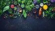 A diverse array of herbal medicine ingredients and extracts displayed on a dark surface.