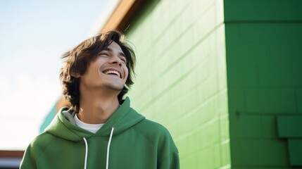 Wall Mural - A young man in a green hoodie smiling broadly as he enjoys the warm sunlight on his face, expressing contentment and happiness.