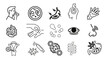 Icon set, disease symptoms, heart, intestines, smallpox, diarrhea, flu, cough, headache, vector illustration.