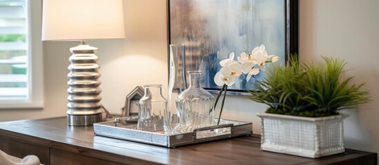 Home desk with white lamp, silver tray holding glass drink vases, and watercolor painting on brown wood.