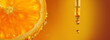An amber drop of Vitamin C serum and a slice of orange. Vitamin C oil drips from a pipette, close-up, bright design for the concept of the usefulness of products and cosmetics with Vitamin C Banner