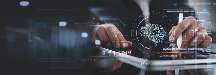Wall Mural - ai machine learning, artificial intelligence technology concept. business man using computer with vi