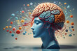 A concept abstract illustration of An evolving Brain with the help of philosophy and knowledge in isolated background, colorful, nerves, concept, side profile human