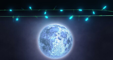 Wall Mural - blue christmas string lights flashing over falling snow and full moon in night sky