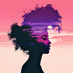 profile silhouette illustration of a black woman with natural hair - purple dusk painting against pink sunrise sky
