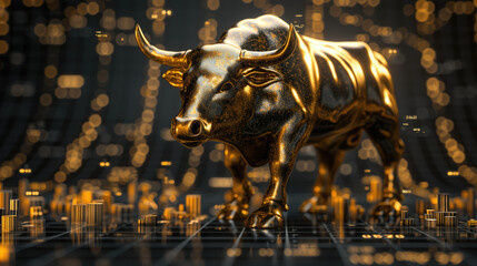 Wall Mural - bull chart. Smart finance or market concept In gold and black graph chart background