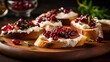 Bruschetta with cranberries, cheese and rosemary on wooden background Generative AI