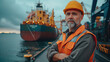 © Pathompong Thongsan - Captain of a large cargo ship Standing on a dock with a large cargo ship nearby.
