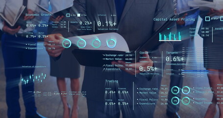 Poster - Image of data processing over diverse business people in office