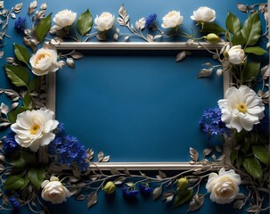 Wall Mural - Silver openwork frame with flowers on a blue background.Holiday concept.Illustration for holiday card, banner, background, flyer, poster, with copy space for text
