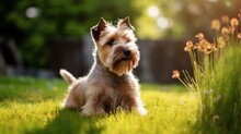 Cute Yorkshire Terrier Dog Sitting On Green Grass At Sunset. Generative AI