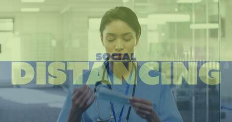 Poster - Image of words social distancing with scientist wearing face masks