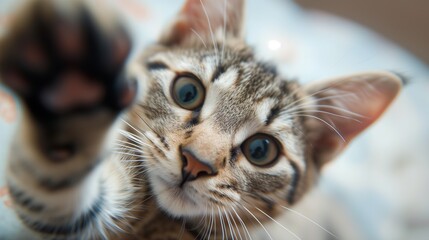 Wall Mural - closeup portrait of a curious cat gazing directly at the camera, ai-generated.