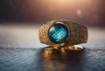 a ring made with gold and green stones on top of a table