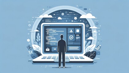 AI generated illustration of a man sitting in front of laptop with large screen graphic
