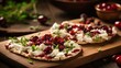 Crispbread with cottage cheese, cranberries and mint on a wooden board Generative AI