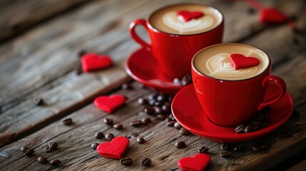 Red valentine coffee latte cups with heart decorations