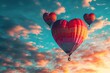 Heart-shaped hot air balloons in the sky. 