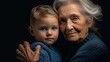 Portrait of a grandmother with a grandchild on a black background Generative AI
