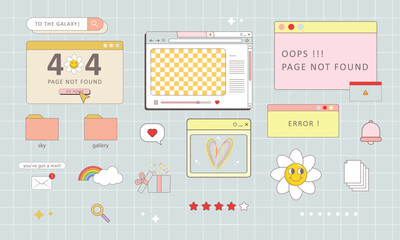 90s retro vaporwave aesthetics digital screen ui. y2k design. Cute old computer ui elements, nostalgic pc icons and dialog boxes vector set. Illustration of computer screen 90s