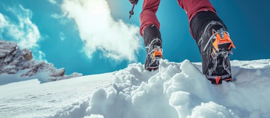 Wall Mural - Tourist climbing snowy mountain with boot crampons.