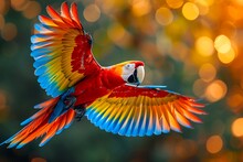 Colorful Macaw In Flight - Bright Colors On Dark Background - Painting, Oil, Parrot, Bird, Flight, Wings, Tropical, Exotic, Jungle, Art, Wallpaper, Mural, Decoration, Nature, Beauty