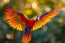Colorful Macaw In Flight - Bright Colors On Dark Background - Painting, Oil, Parrot, Bird, Flight, Wings, Tropical, Exotic, Jungle, Art, Wallpaper, Mural, Decoration, Nature, Beauty