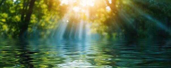 Canvas Print - River gentle flow amidst lush greenery reflecting sun tranquil embrace. Morning light cascades through trees unveiling serene landscape of life and color. Heart of nature water and forest in journey