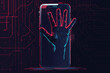 A conceptual illustration of a scammer's hand reaching out from a smartphone screen, symbolizing online fraud and cybersecurity threats, Circuit symbol on the background