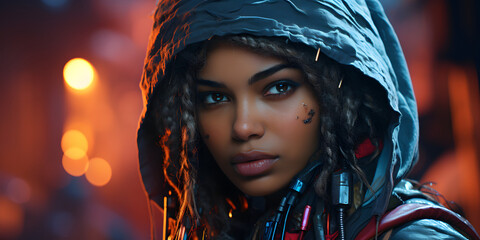 Poster - Hooded African Woman in Cyberpunk Style Clothes