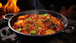 Steady assortment of traditional indian food in a black saucepan cooking on the stone. Asian food ingredients on dark background. Oriental recipe with vegetables and spices. Generative AI.