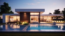 3d Rendering Of Modern Cozy House With Pool And Parking For Sale Or Rent In Luxurious Style By The Sea Or Ocean At Sunset. Clear Summer Evening With Warm Light From Window. Generative AI
