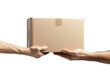 © masud - Businessman delivering an empty cardboard box with a blank paper, holding it securely in her hands as a gesture of giving and shipping